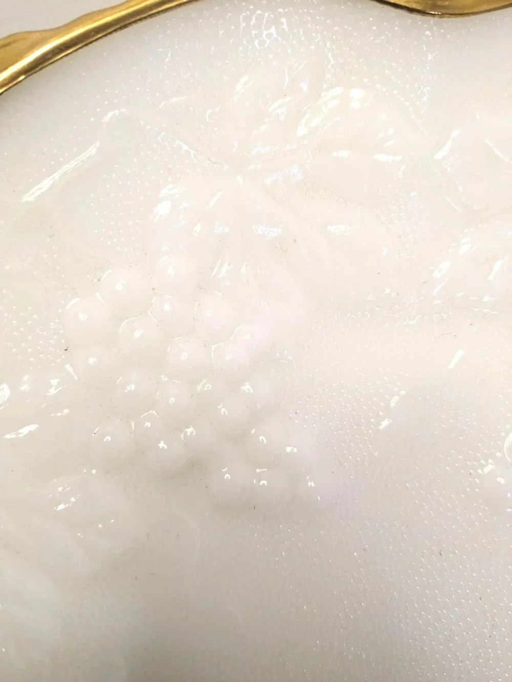 Vtg. Anchor Hocking White Milk Glass Fruit Bowl Embossed Grape Leaf Gold-Trimmed